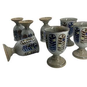 Vintage OTAGIRI Style Stonewear Goblet Set of 8 Berries Leaves 1970s Speckle